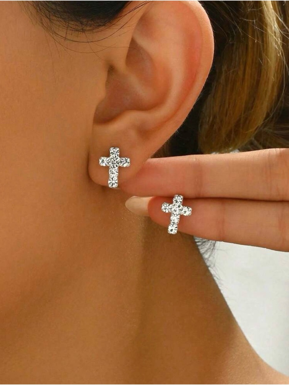 Sterling Silver Crystal Cross Stud Earrings - White